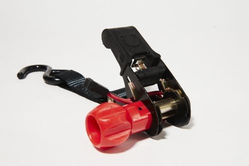 The OmegaStrap® OS-2000lb 1" x 15' Ratchet Strap Tie-Down, available in a set of two with four straps in total, features a hook and ratchet mechanism, making it ideal for secure fastening. Presented against a simple white background, it perfectly combines style with functionality. - OmegaStrap - World's Greatest Ratchet Strap