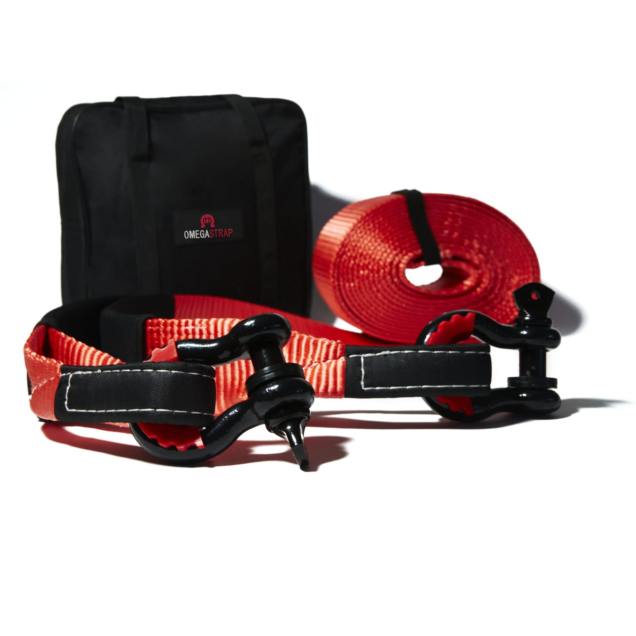 The OmegaStrap® OS-35000 Tow Strap with two HD D-Ring Shackles includes a vibrant red tow strap, paired with durable HD D-Ring shackles, all organized in a handy black storage bag. - OmegaStrap - World's Greatest Ratchet Strap